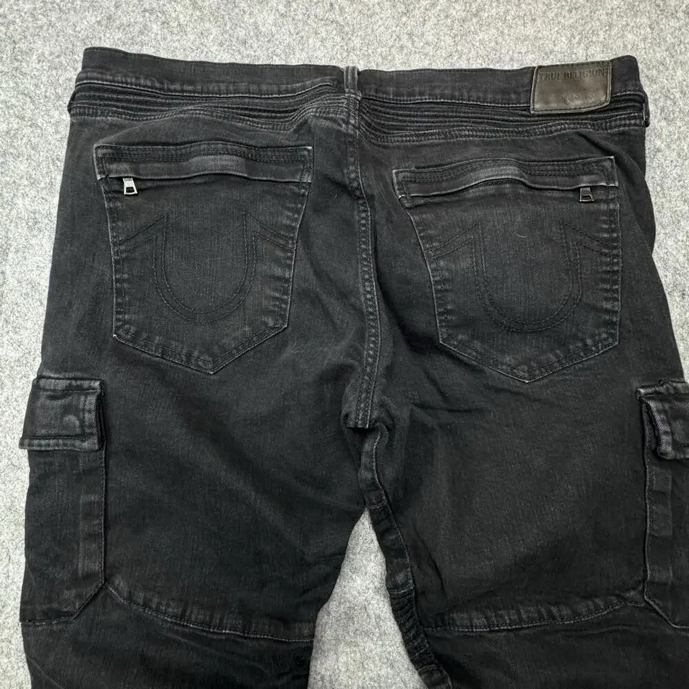 True Religion Geno Relaxed Slim Jeans Mens 42x30 Black Biker Cargo Denim Pants